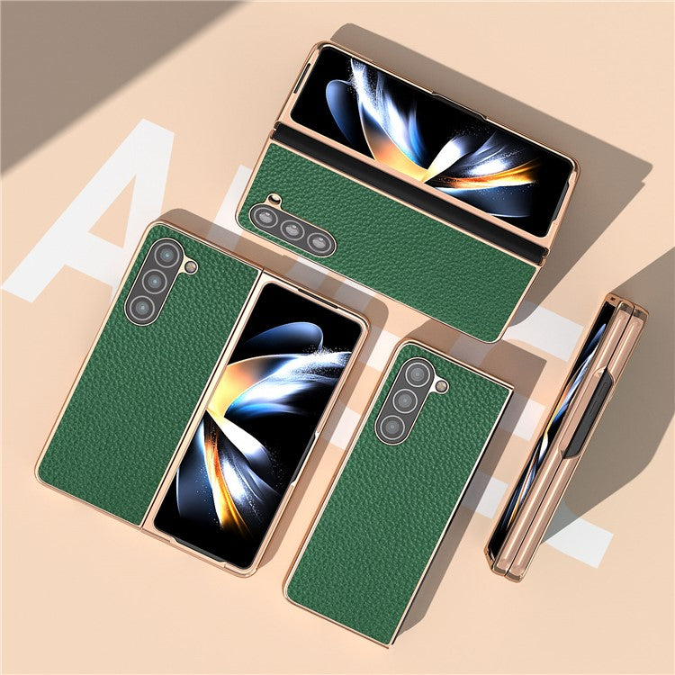 Electroplating Phone Case for Samsung Galaxy Z Fold5 5G , Genuine Cow Leather Coated PC Litchi Texture Protective Cover - Green