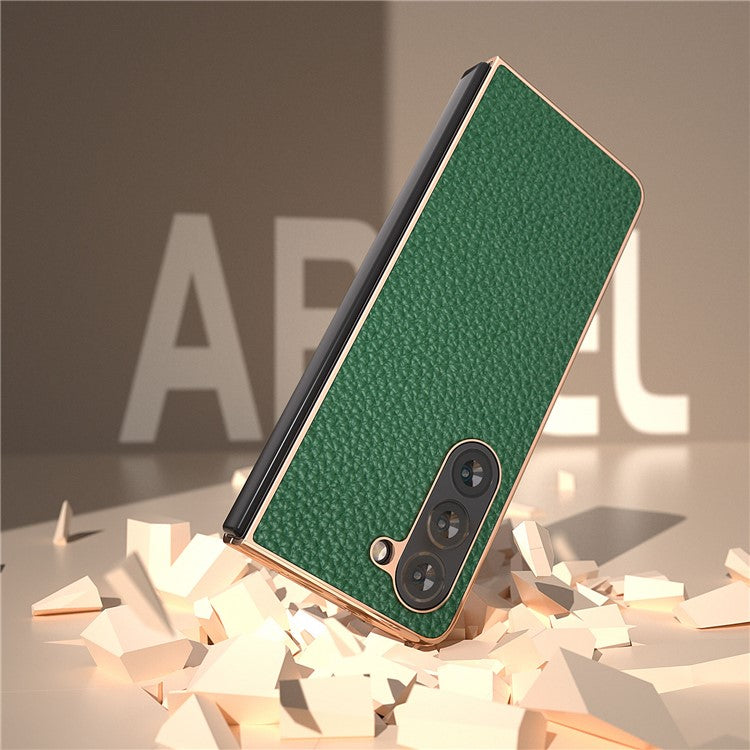 Electroplating Phone Case for Samsung Galaxy Z Fold5 5G , Genuine Cow Leather Coated PC Litchi Texture Protective Cover - Green