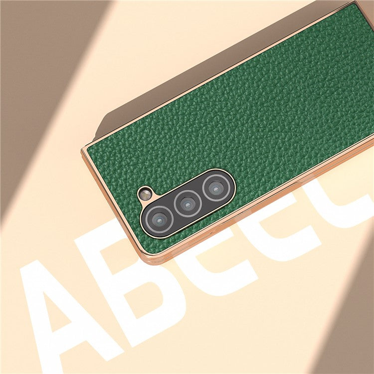 Electroplating Phone Case for Samsung Galaxy Z Fold5 5G , Genuine Cow Leather Coated PC Litchi Texture Protective Cover - Green