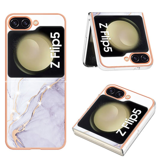 YB IMD Series-2 Electroplated Edge Phone Case for Samsung Galaxy Z Flip5 5G , Soft TPU Marble Pattern IMD Cover - White 006