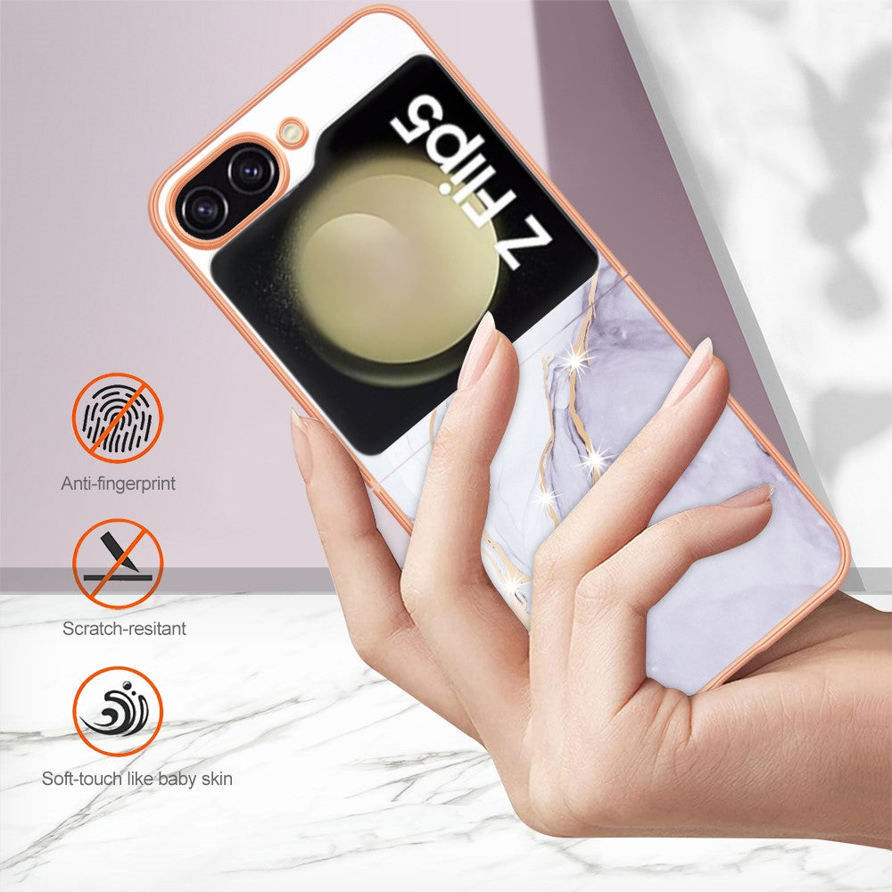 YB IMD Series-2 Electroplated Edge Phone Case for Samsung Galaxy Z Flip5 5G , Soft TPU Marble Pattern IMD Cover - White 006
