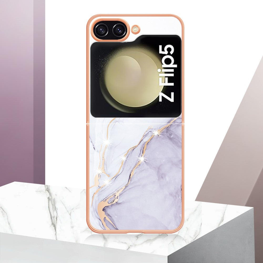 YB IMD Series-2 Electroplated Edge Phone Case for Samsung Galaxy Z Flip5 5G , Soft TPU Marble Pattern IMD Cover - White 006