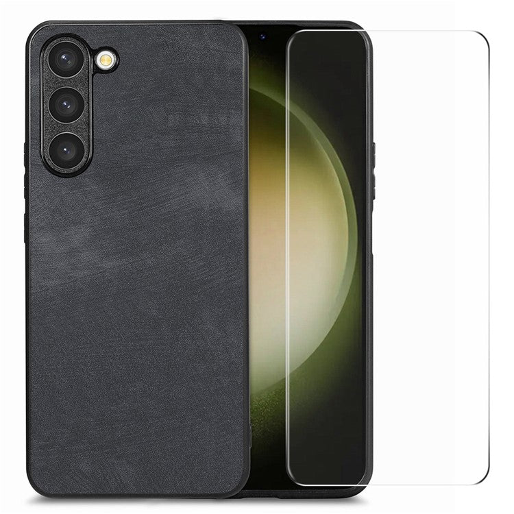 ENKAY HAT PRINCE For Samsung Galaxy S23+ Retro Leather Coated PC Phone Case with 0.18mm High Aluminium-silicon Glass Film - Black
