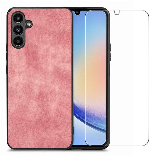 ENKAY HAT PRINCE For Samsung Galaxy A34 5G Phone Case Retro Leather+PC Cover with High Aluminium-silicon Glass Film - Pink