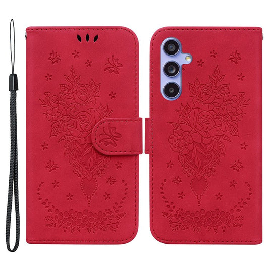 For Samsung Galaxy S23 FE Shockproof Wallet Case Rose Butterfly Imprinted Leather Stand Phone Cover - Red