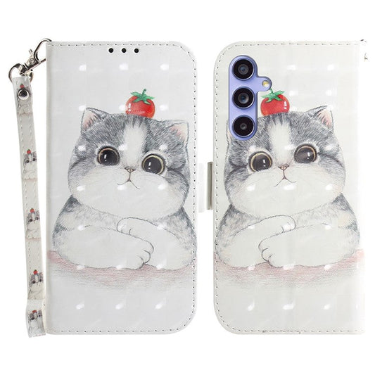 PU Leather Stand Filp Cover for Samsung Galaxy S23 FE , 3D Pattern Printing Wallet Phone Case with Strap - Cute Cat