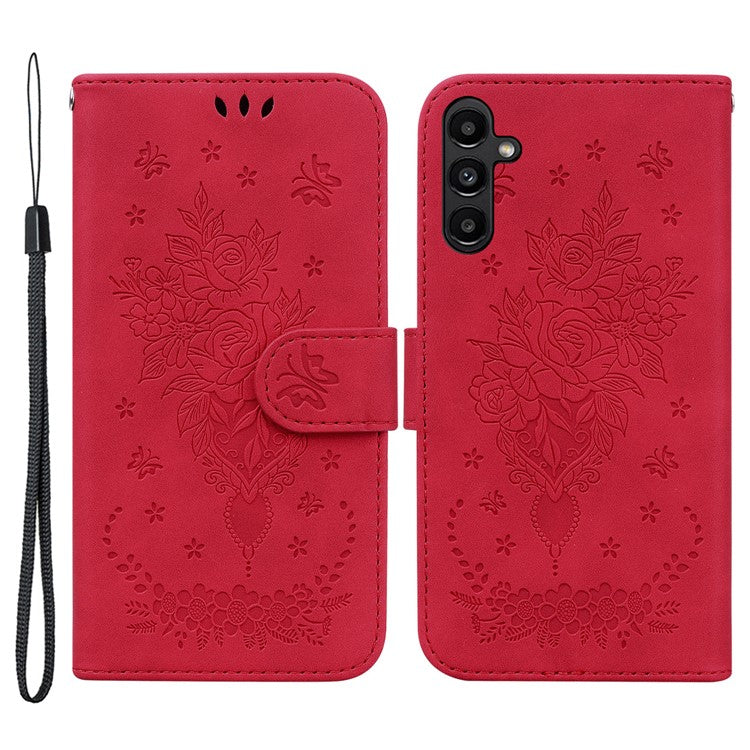For Samsung Galaxy A25 5G (Global) (161.0 x 76.5 x 8.3mm) Rose Butterfly Imprinted Shockproof Phone Shell Leather Wallet Stand Cover - Red
