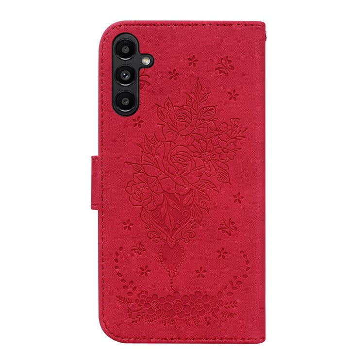 For Samsung Galaxy A25 5G (Global) (161.0 x 76.5 x 8.3mm) Rose Butterfly Imprinted Shockproof Phone Shell Leather Wallet Stand Cover - Red