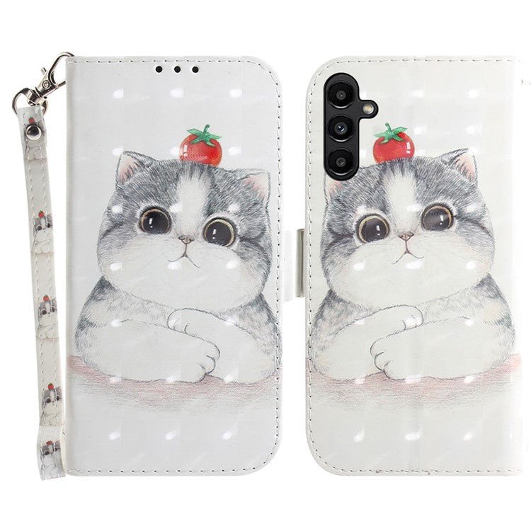 For Samsung Galaxy A25 5G (Global) (161.0 x 76.5 x 8.3mm) PU Leather 3D Pattern Printing Stand Wallet Cover with Strap - Cute Cat