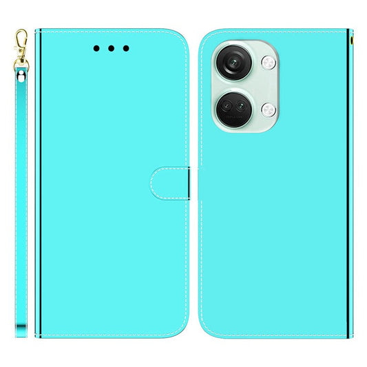 For OnePlus Nord 3 5G / Ace 2V Mirror-Like Surface Leather Wallet Case Folding Stand Phone Cover - Cyan