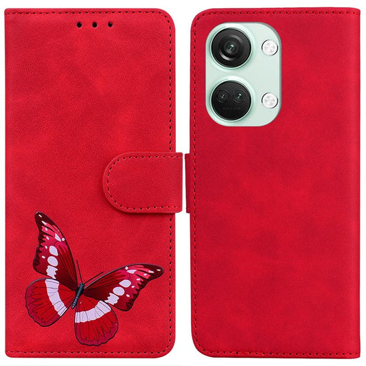 For OnePlus Nord 3 5G / Ace 2V Butterfly Printing Stand Wallet Case PU Leather+TPU Book Style Phone Cover - Red