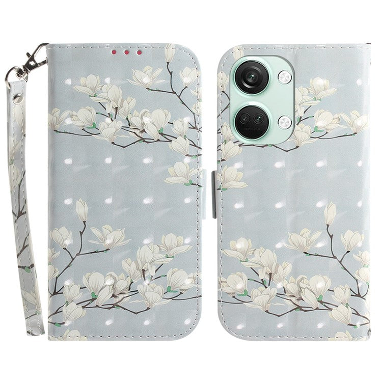 PU Leather Wallet Case for OnePlus Nord 3 5G / Ace 2V , Stand 3D Pattern Printing Phone Cover with Strap - Magnolia