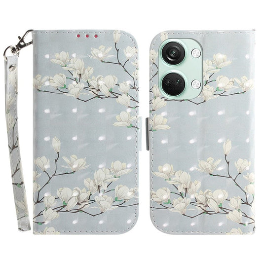 PU Leather Wallet Case for OnePlus Nord 3 5G / Ace 2V , Stand 3D Pattern Printing Phone Cover with Strap - Magnolia