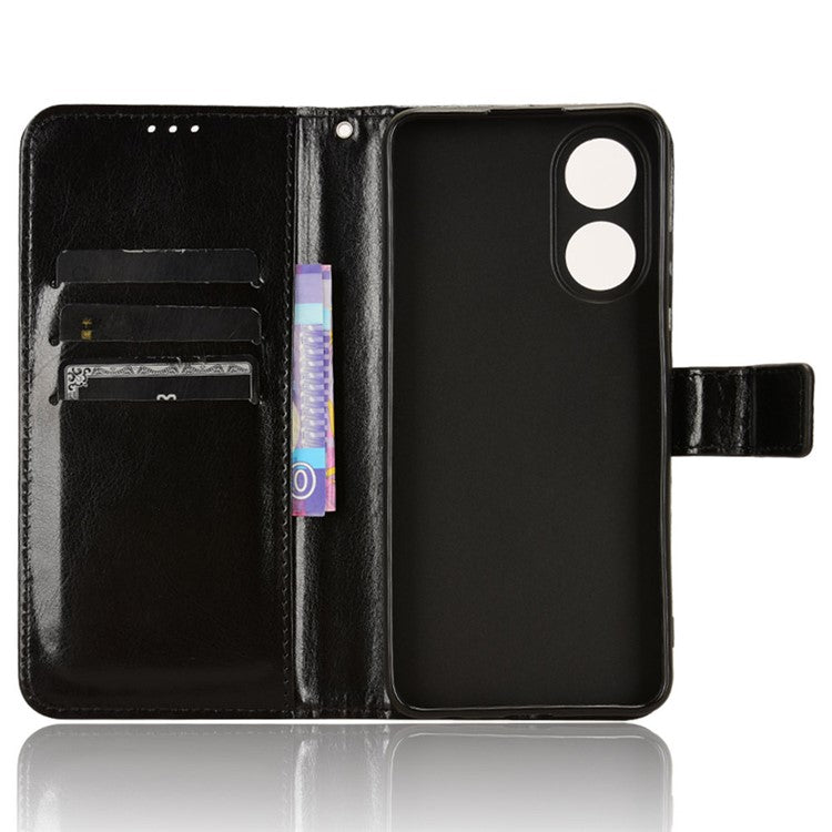 Wallet PU Leather Phone Cover for Oppo A58 4G , Crazy Horse Texture Stand Phone Case - Black