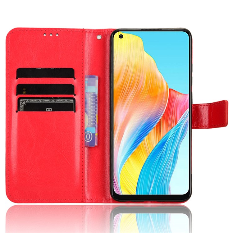 Wallet PU Leather Phone Cover for Oppo A58 4G , Crazy Horse Texture Stand Phone Case - Red