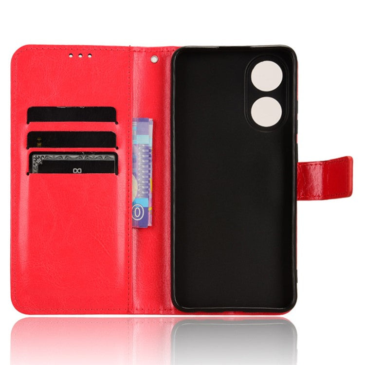 Wallet PU Leather Phone Cover for Oppo A58 4G , Crazy Horse Texture Stand Phone Case - Red