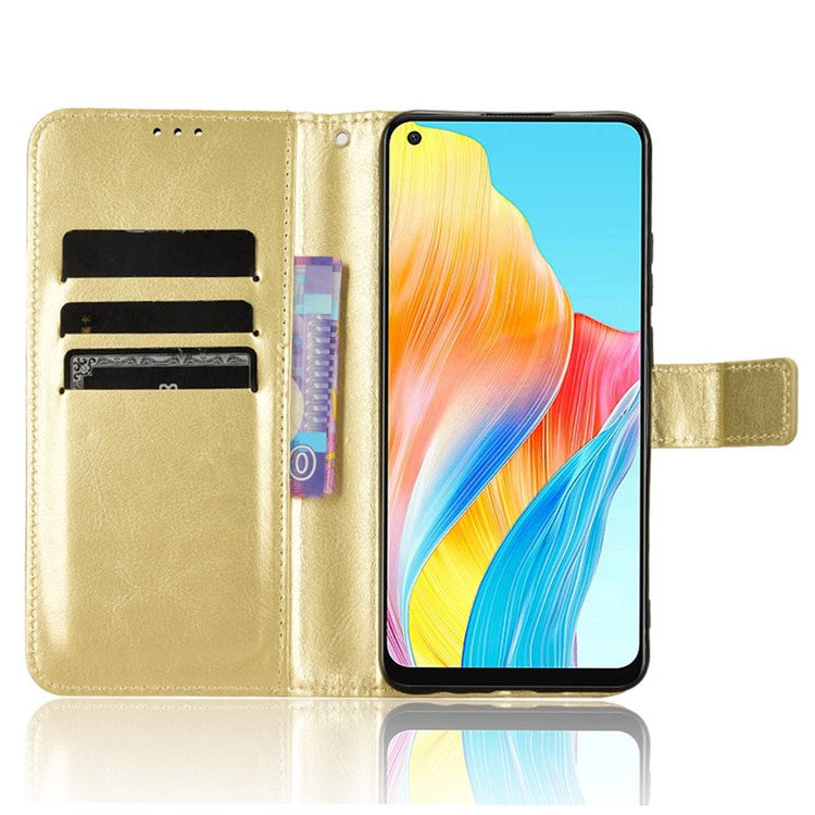 Wallet PU Leather Phone Cover for Oppo A58 4G , Crazy Horse Texture Stand Phone Case - Gold