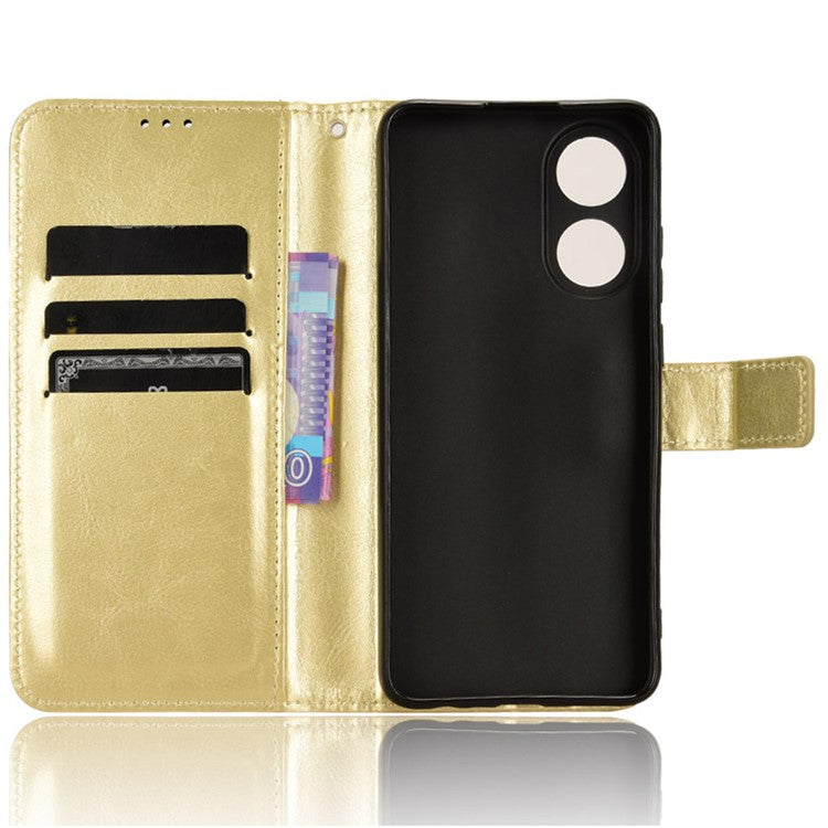 Wallet PU Leather Phone Cover for Oppo A58 4G , Crazy Horse Texture Stand Phone Case - Gold