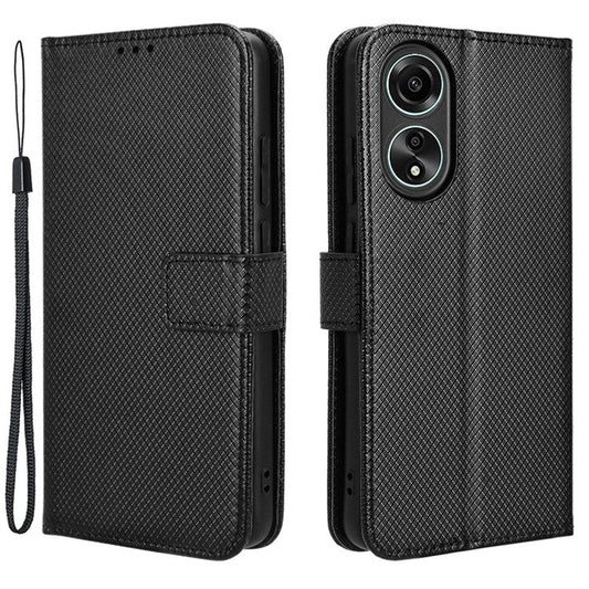 PU Leather Wallet Case for Oppo A58 4G , Diamond Texture Drop-proof Stand Phone Cover - Black