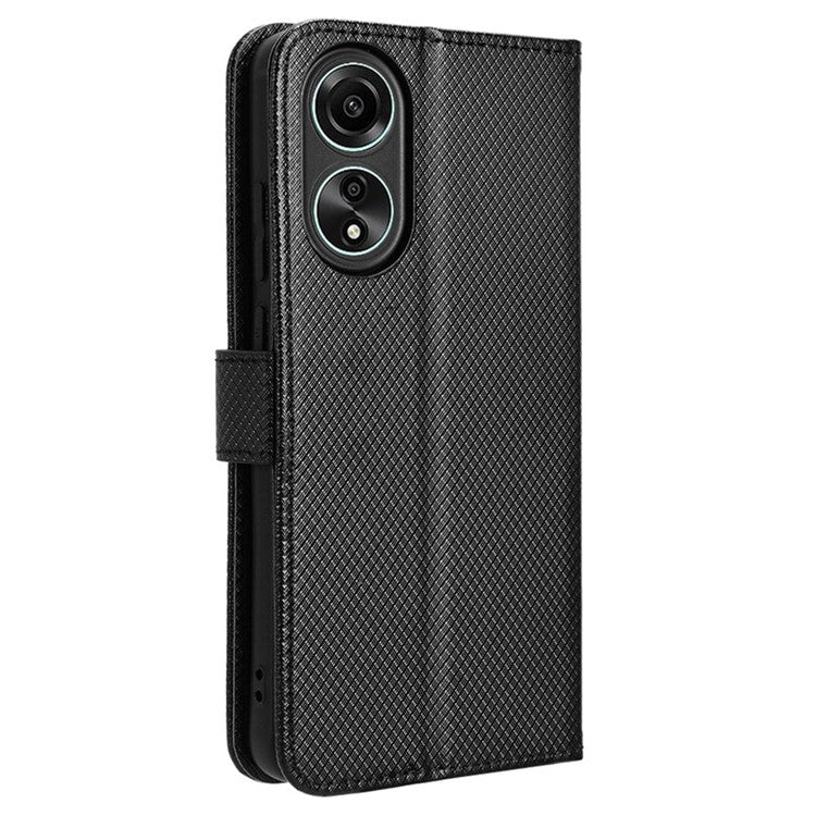 PU Leather Wallet Case for Oppo A58 4G , Diamond Texture Drop-proof Stand Phone Cover - Black