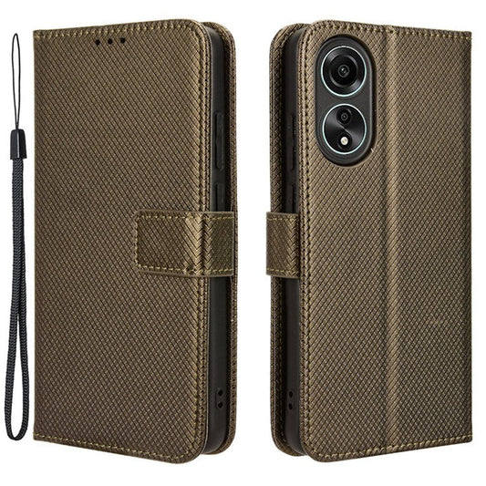 PU Leather Wallet Case for Oppo A58 4G , Diamond Texture Drop-proof Stand Phone Cover - Brown