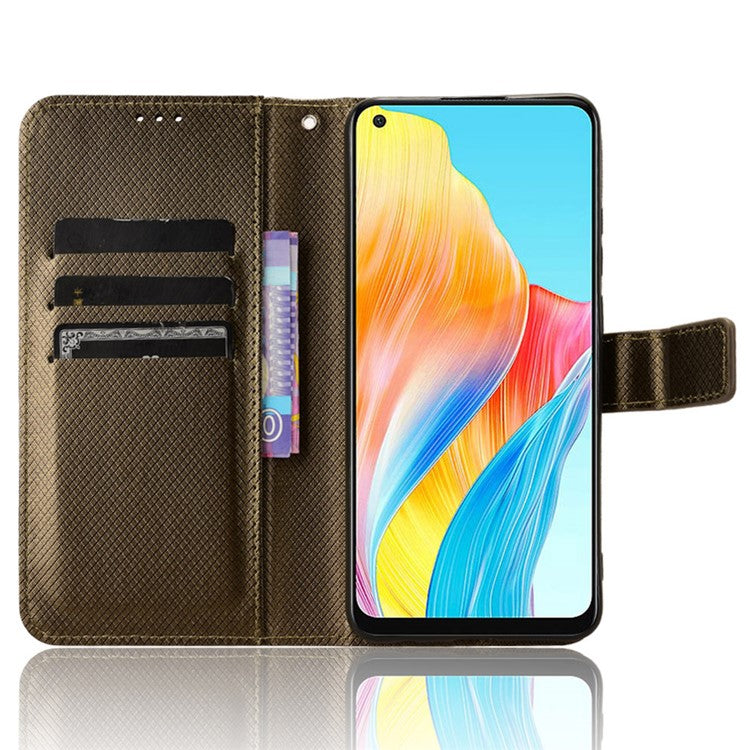 PU Leather Wallet Case for Oppo A58 4G , Diamond Texture Drop-proof Stand Phone Cover - Brown