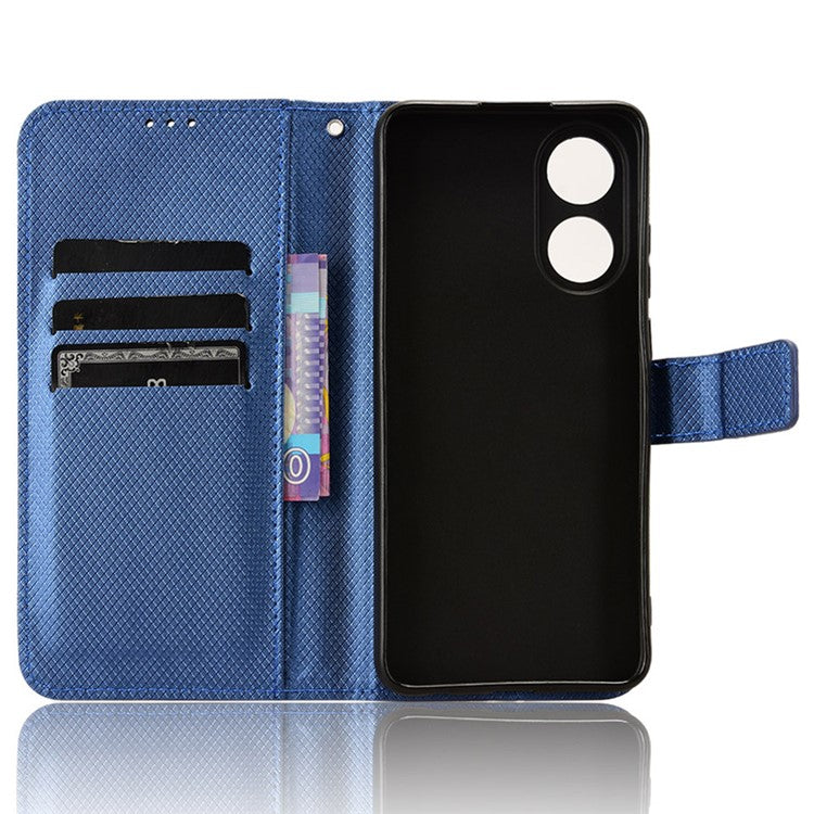 PU Leather Wallet Case for Oppo A58 4G , Diamond Texture Drop-proof Stand Phone Cover - Blue