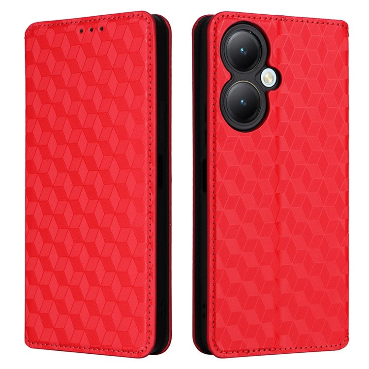 For vivo Y35+ 5G / Y35m+ 5G / Y27 4G Rhombus Imprinted Wallet Case Leather Stand Phone Cover - Red