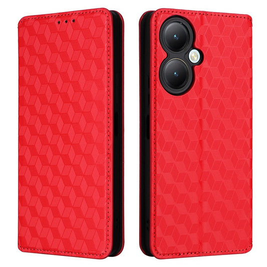 For vivo Y35+ 5G / Y35m+ 5G / Y27 4G Rhombus Imprinted Wallet Case Leather Stand Phone Cover - Red
