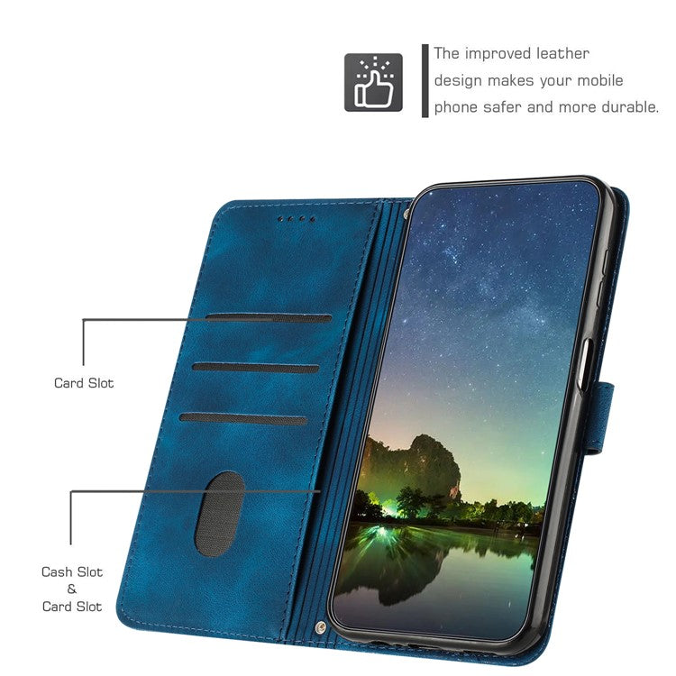 Triangle Imprinted Phone Case for Samsung Galaxy M53 5G PU Leather Flip Stand Wallet Cover with Strap - Sapphire