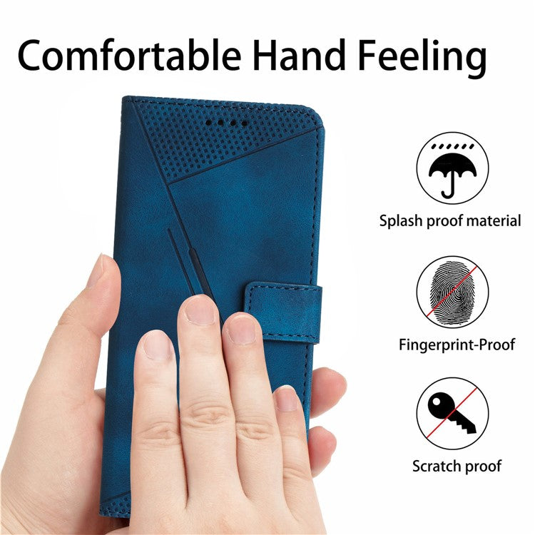 Triangle Imprinted Phone Case for Samsung Galaxy M53 5G PU Leather Flip Stand Wallet Cover with Strap - Sapphire