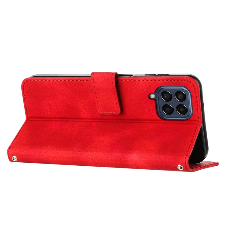 Triangle Imprinted Phone Case for Samsung Galaxy M53 5G PU Leather Flip Stand Wallet Cover with Strap - Red