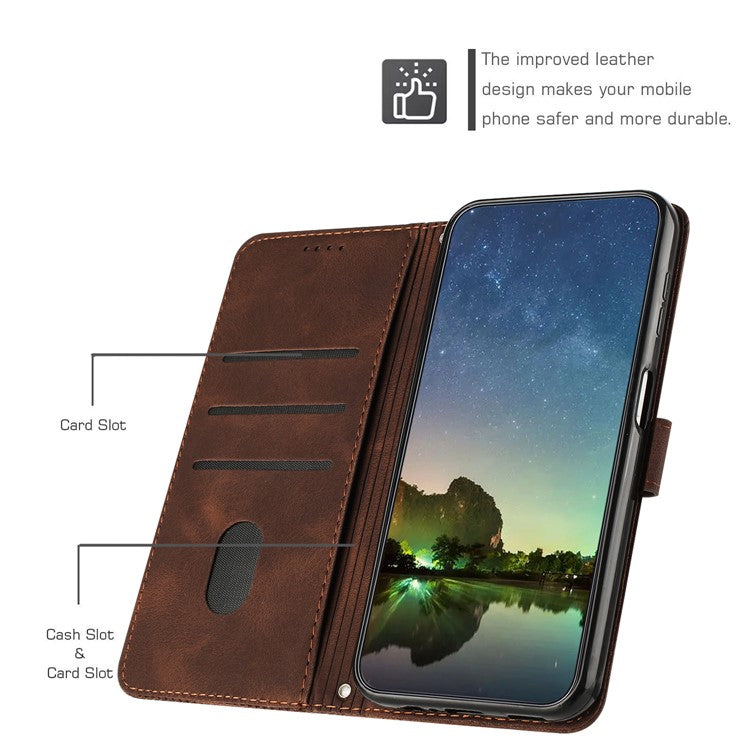 Triangle Imprinted Phone Case for Samsung Galaxy M53 5G PU Leather Flip Stand Wallet Cover with Strap - Brown