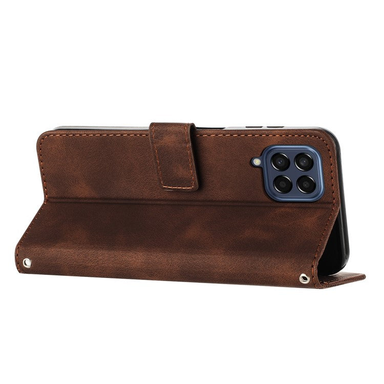 Triangle Imprinted Phone Case for Samsung Galaxy M53 5G PU Leather Flip Stand Wallet Cover with Strap - Brown