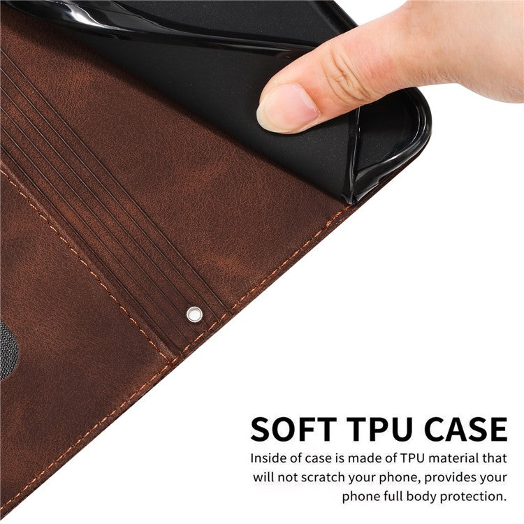 Triangle Imprinted Phone Case for Samsung Galaxy M53 5G PU Leather Flip Stand Wallet Cover with Strap - Brown