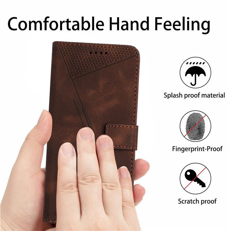 Triangle Imprinted Phone Case for Samsung Galaxy M53 5G PU Leather Flip Stand Wallet Cover with Strap - Brown