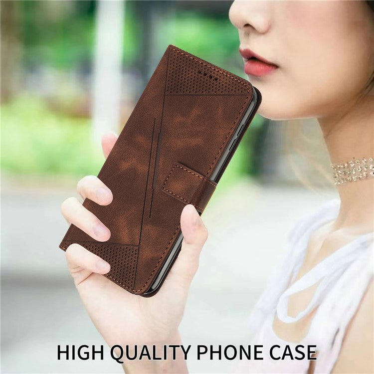 Triangle Imprinted Phone Case for Samsung Galaxy M53 5G PU Leather Flip Stand Wallet Cover with Strap - Brown