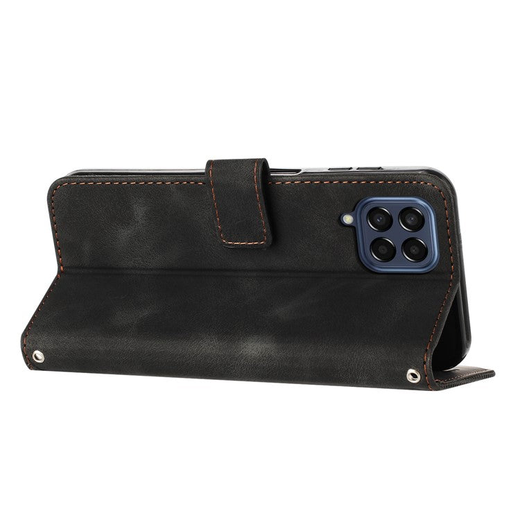 Triangle Imprinted Phone Case for Samsung Galaxy M53 5G PU Leather Flip Stand Wallet Cover with Strap - Black