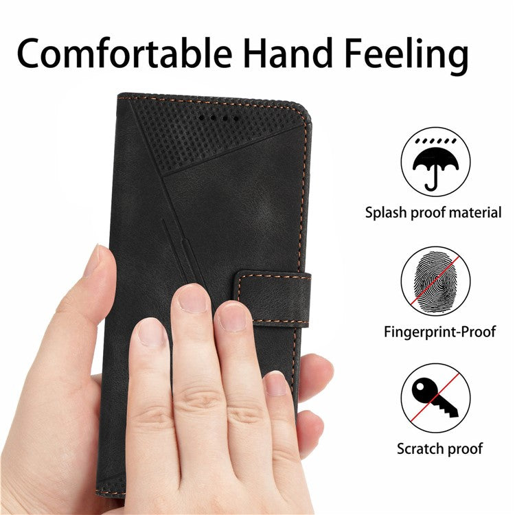Triangle Imprinted Phone Case for Samsung Galaxy M53 5G PU Leather Flip Stand Wallet Cover with Strap - Black