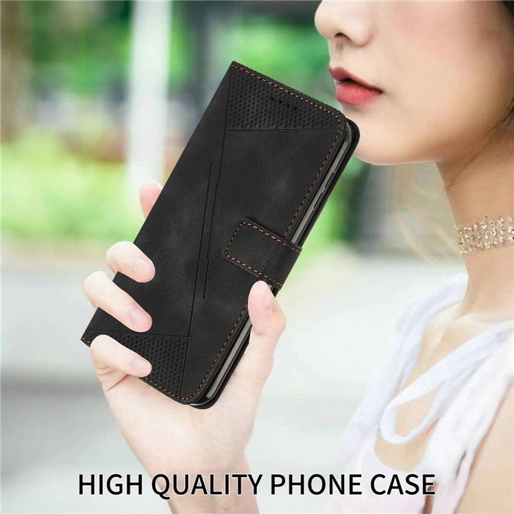 Triangle Imprinted Phone Case for Samsung Galaxy M53 5G PU Leather Flip Stand Wallet Cover with Strap - Black