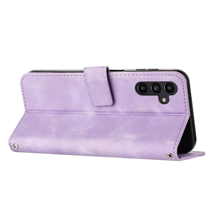 For Samsung Galaxy M54 5G / F54 5G Leather Wallet Drop-proof Phone Cover Triangle Imprint Stand Shell with Strap - Purple
