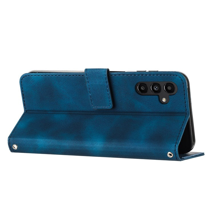 For Samsung Galaxy M54 5G / F54 5G Leather Wallet Drop-proof Phone Cover Triangle Imprint Stand Shell with Strap - Sapphire