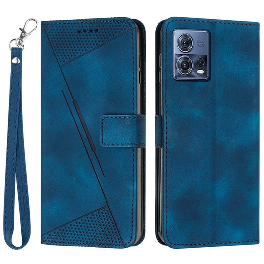 For Motorola Moto S30 Pro 5G / Edge 30 Fusion 5G Triangle Imprinted Cover Leather Cell Phone Wallet Stand Case with Strap - Sapphire