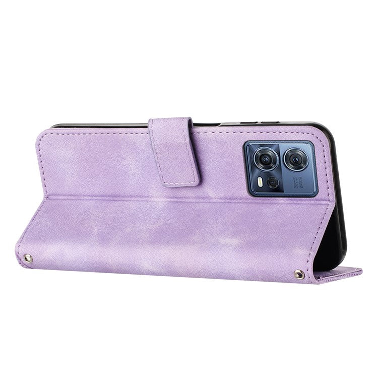 For Motorola Moto S30 Pro 5G / Edge 30 Fusion 5G Triangle Imprinted Cover Leather Cell Phone Wallet Stand Case with Strap - Purple