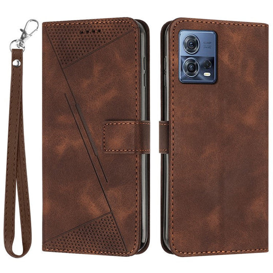 For Motorola Moto S30 Pro 5G / Edge 30 Fusion 5G Triangle Imprinted Cover Leather Cell Phone Wallet Stand Case with Strap - Brown