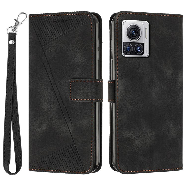 Leather Cover for Motorola Moto X30 Pro 5G / Edge 30 Ultra 5G , Triangle Imprint Wallet Stand Anti-drop Phone Case with Strap - Black
