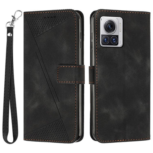 Leather Cover for Motorola Moto X30 Pro 5G / Edge 30 Ultra 5G , Triangle Imprint Wallet Stand Anti-drop Phone Case with Strap - Black
