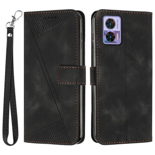For Motorola Edge 30 Neo 5G Triangle Imprinted Cover Leather Cell Phone Wallet Stand Fall Proof Case with Strap - Black
