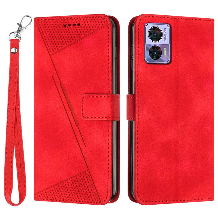For Motorola Edge 30 Neo 5G Triangle Imprinted Cover Leather Cell Phone Wallet Stand Fall Proof Case with Strap - Red