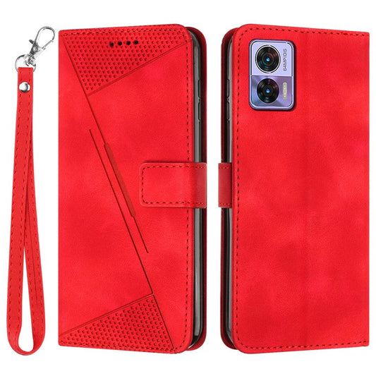 For Motorola Edge 30 Neo 5G Triangle Imprinted Cover Leather Cell Phone Wallet Stand Fall Proof Case with Strap - Red